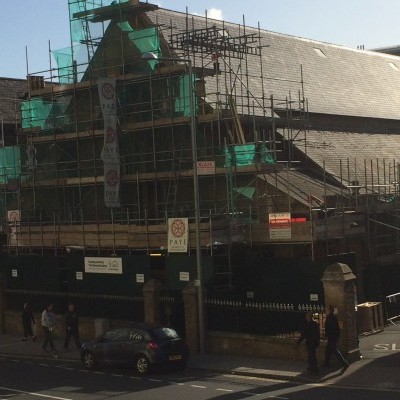 New slates completed on nave south roof, contrast with old on aisle roof below, Oct 2017